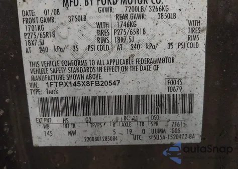 2008 Ford F-150 Fx4/Lariat/Xl/Xlt from USA, damaged, VIN 1FTPX145X8FB20547